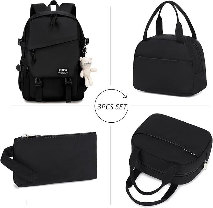 Caoroky knight College Laptop Backpack for Men Women 3 PCS Set Bookbag School Backpacks with Lunch Bag Pencil Case Anti Theft Travel Backpack Rucksack-Large,Black