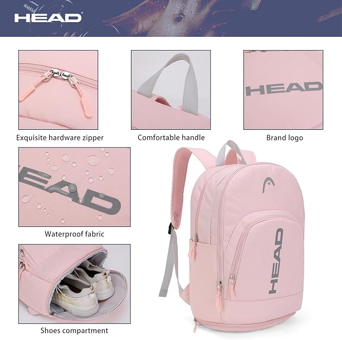 HEAD Waterproof Travel Backpack for Women, Lightweight 15.6 Inch Laptop Backpack with Shoes Compartment, Casual Daypack College Backpacks with 8 Pockets for Overnight/Sports Gym/Work/Fitness