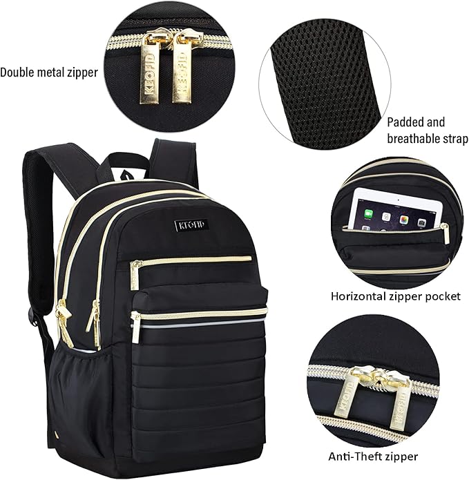 KEOFID Casual Backpack for Women, Work Backpack for Women, Back pack for School College, Carry-On travel backpacks, Anti-Theft Womens backpacks, School bookbag for girls(Black and Gold)