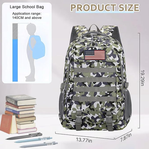 Camo Tactical Backpack for Boys - Waterproof 19'' Kids Bookbag with 15.6" Laptop Compartment, MOLLE System School Bag for Camping Hiking Travel