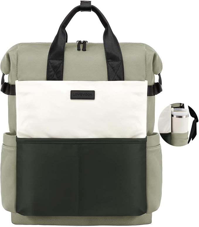 LOVEVOOK Laptop Backpack for Women, 17.3 Inch Work Travel Backpack Purse for School College Bookbag for Teen Girls Cute Computer Bag for Teacher Nurse Business, Green-Beige