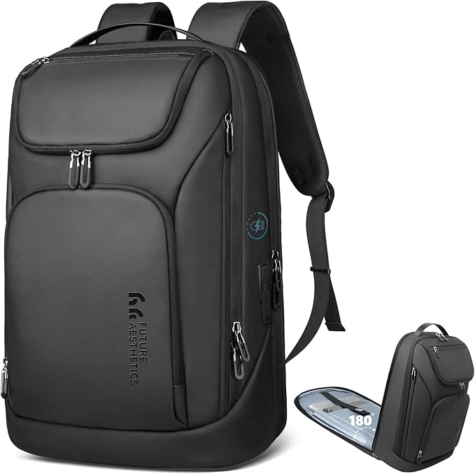 hk Business Smart Backpack for Men Anti-Theft for 17.3 Inch Laptop with USB Charging Port Water-Resistant Large Durable Compact 30L for Travel College Work-Deep Black