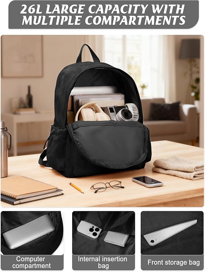 Classic Black Backpacks For School Teens Girls Boys, Lightweight Casual Daypacks Middle Students Backpck, Cute High School Bookbag, Simple College Backpack for Women Men