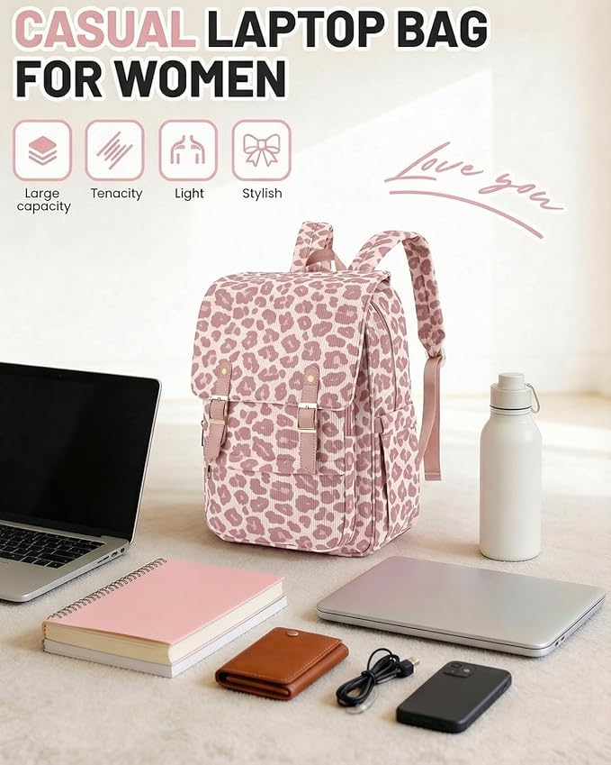 Corduroy Laptop Backpack for Women, Fits 15.6 Inch Computer Bag, College High School Bookbag Travel Daypack Purse, Work Business Bags - Corduroy Leopard