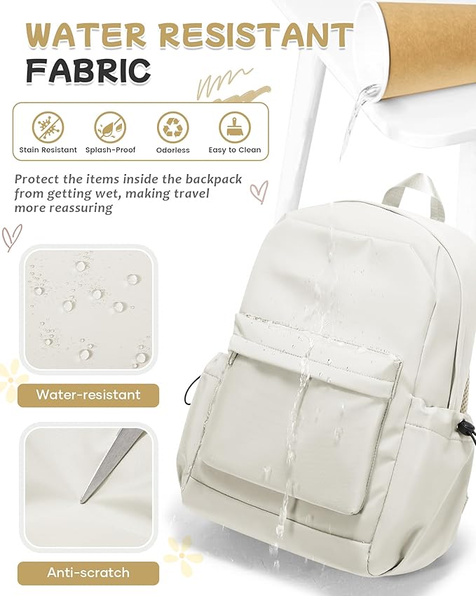 SEAFEW Small Backpack for School Girls Kids Women, Waterproof Bookbag Cute High School Backpack for Men Teen Boys, Lightweight College Back Pack Mochilas Escolares para Casual Daypack Rucksack White
