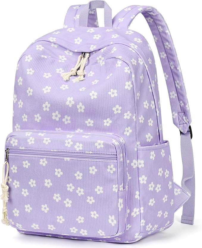 mibasies School Backpack for Girls with Laptop Sleeve: 18IN Large Capacity Corduroy Bookbag for Primary Middle School/College, Travel Daypack for Teens Women - Purple Flower