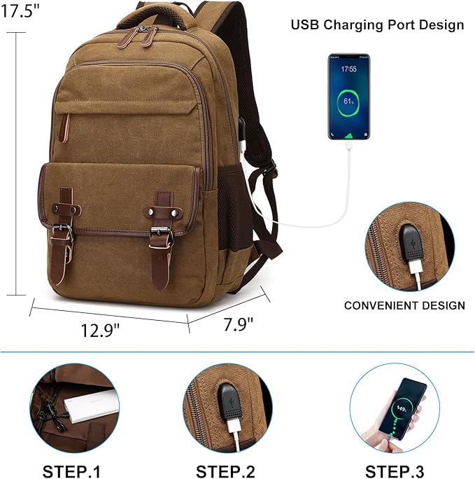 Canvas Laptop Backpack with USB Charging Port, Vintage Daypack for Men Women, Brown Travel Work Rucksack College Computer Bag Bookbag Fits 15.6 Inch Laptop, Brown