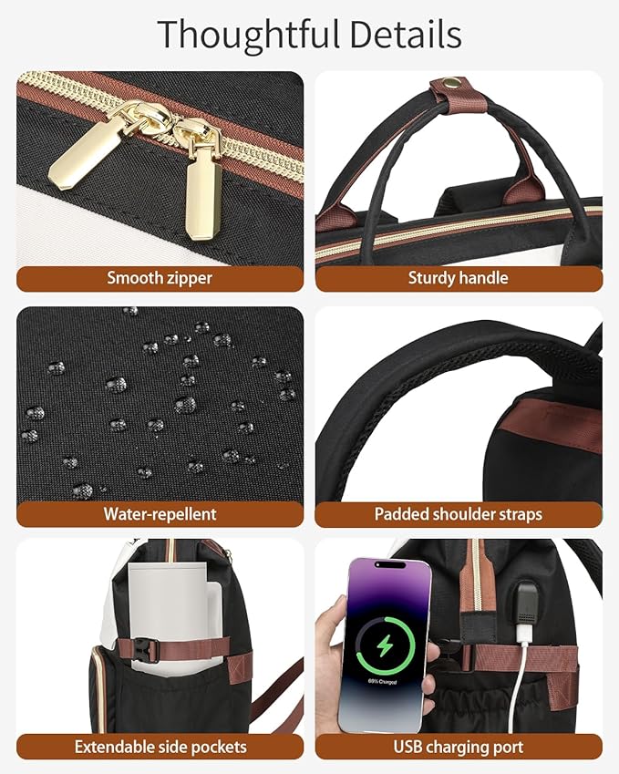 18in Computer Backpack for Women, Work Bag Laptop Bookbag with Cup Holder & USB Charger for Teacher Nurse College Travel Back Pack, Gifts, BlackWhiteBrown