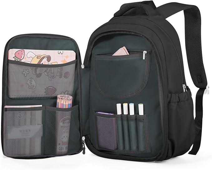 Cute Black Backpack For School Teens Girls Boys, Aesthetic Kids Elementary School Backpacks, Waterproof Middle Students Bookbag, Large Capacity Backpack For College Women Men