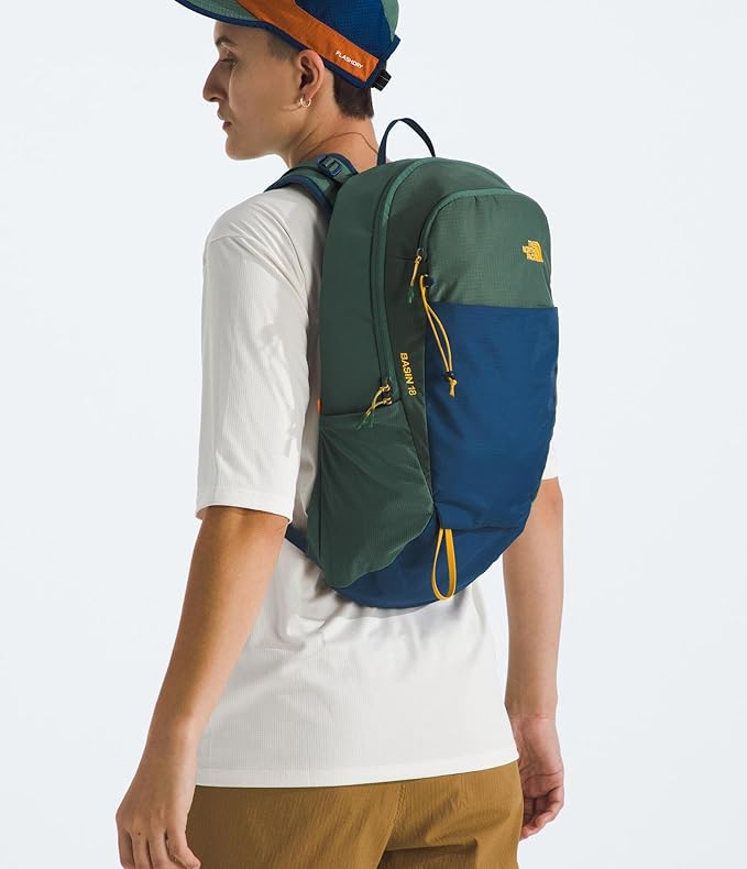 The North Face Basin 18 Liter Technical Daypack with Rain Cover - Unisex Backpack, Sternum Strap, Hiking Pole Attachment, Duck Green/Shady Blue, One Size