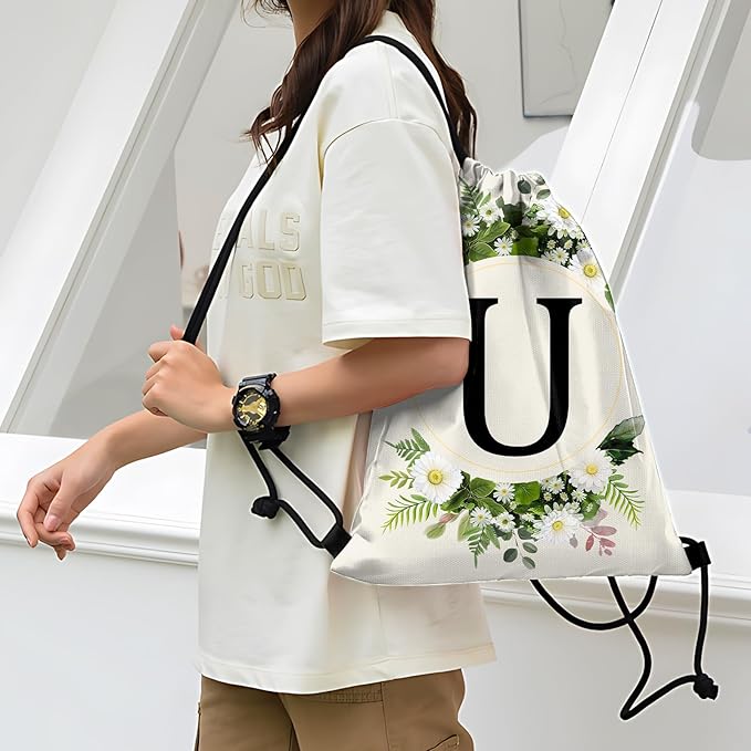 Initial Letter Drawstring Backpack String Sports Gym Bags Waterproof Sackpack Cute for Men Women Beach (13"×17") (Letter-U)