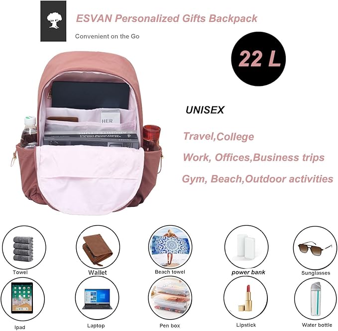 ESVAN Personalized Gifts Backpack Canvas Linen Nylon 17 inch Laptop Bag for Women Casual College