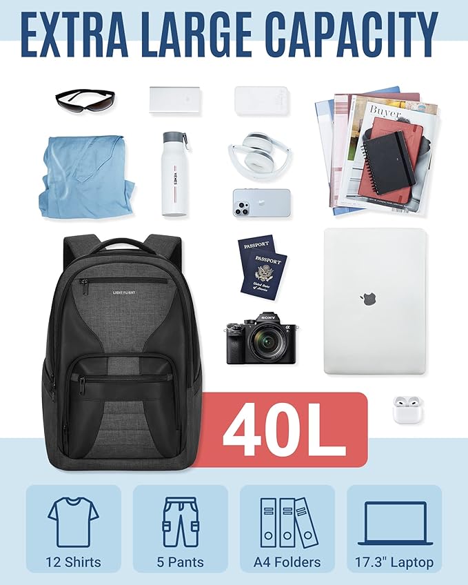 LIGHT FLIGHT Travel Backpack, Laptop Backpack for Men,17.3 Inch Computer Backpack Business Back Pack, Work Bag with USB Charging Hole, 40L Large Casual Daypack, Black grey