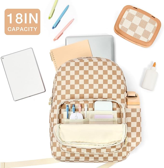 mibasies School Backpack for Girls with Laptop Sleeve: 18IN Large Capacity Corduroy Bookbag for Primary Middle School/College, Travel Daypack for Teens Women - Brown Checkered