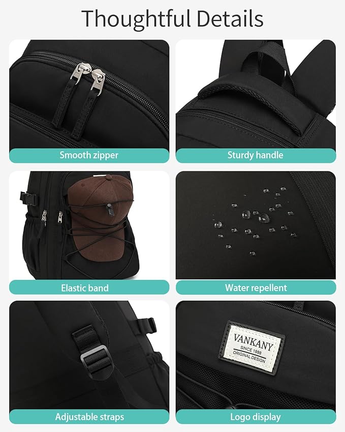 Black Backpack for Teens, Girls School Bookbag Aesthetic 15.6in Laptop Backpack for Commuter Women Students Middle High School, Black