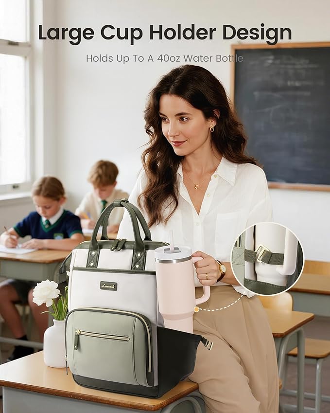 LOVEVOOK Laptop Backpack for Women with Giant Tumbler Holder,17 inch Professional Nurse Teacher Backpack Computer Laptop Bag,Cute Travel Backpack Purse Work College Bag, Beige-Bean green-Army green