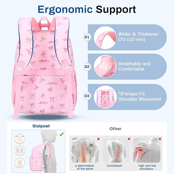 Girls Backpack, Corduroy School Backpack Multiple-pocket College Bookbag for Teen Girls Travel Backpack with Luggage Strap for Women, Pink Bow