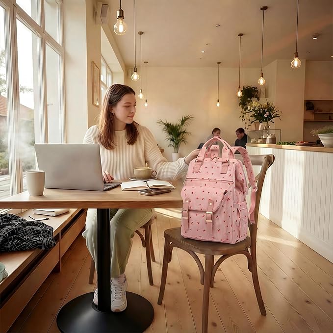 Corduroy Laptop Backpack for Women 15.6 Inch Stylish College School Bookbag, Business Work & Travel Computer Backpacks (Cherry Pink)