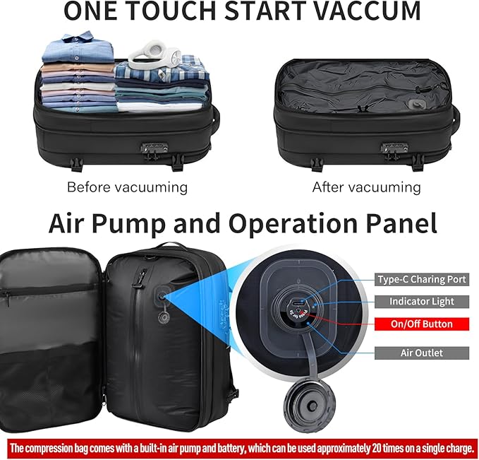Travel Backpack with Vacuum System,60L Expandable Vacuum Backpack Travel with Built-in Pump,17.3 inch Laptop Backpacks Carry On Backpack with TSA Lock(Grey,Built-in Air Pump)