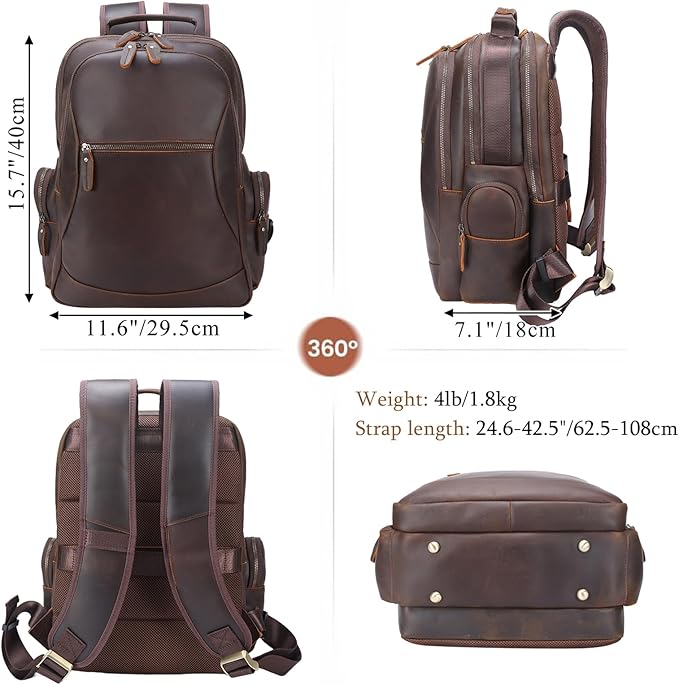 TIDING Vintage Full Grain Leather 15.6 Inch Laptop Backpack for Men Large Capacity Travel Rucksack Weekender Camping Daypacks