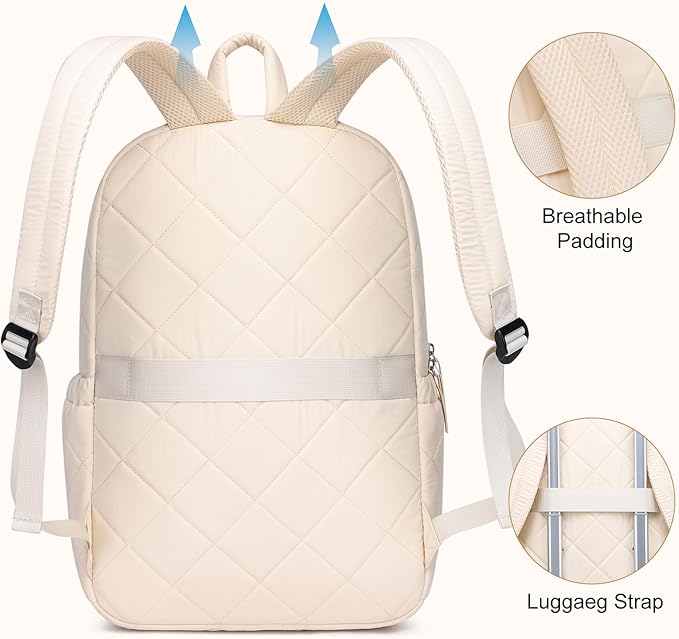 Backpack for Women, Quilted Puffer Casual Daypack, College School Backpack for Girls, Water-Resistant Bookbag for 15.6 Inch Laptop