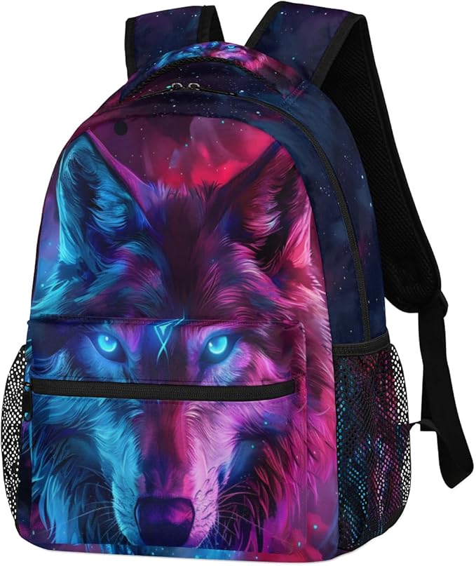 Pardick Galaxy Wolf Backpacks for Boys Girls Kids Rainbow Wolf Lightweight 16 Inch School Backpack Laptop College Bookbag Travel Casual Daypack Hiking Camping Computer Rucksack Medium