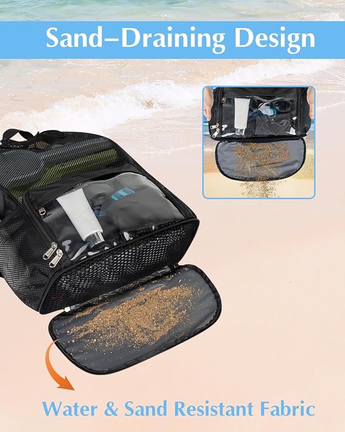 Drawstring Backpack Sandproof Beach Backpack with Shoe Compartment & Wet Pocket Waterproof Mesh Swim Bag Pool Bag for Gym, Travel and Workout Gear (Black)