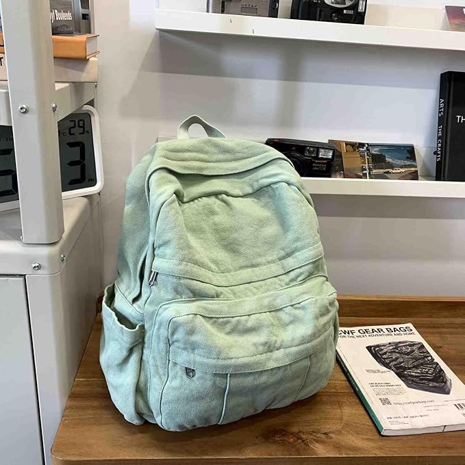 Sage Green Canvas Backpack for Women Retro Aesthetic Rucksack Basic Backpack for High School/College Students Travel Laptop Bag