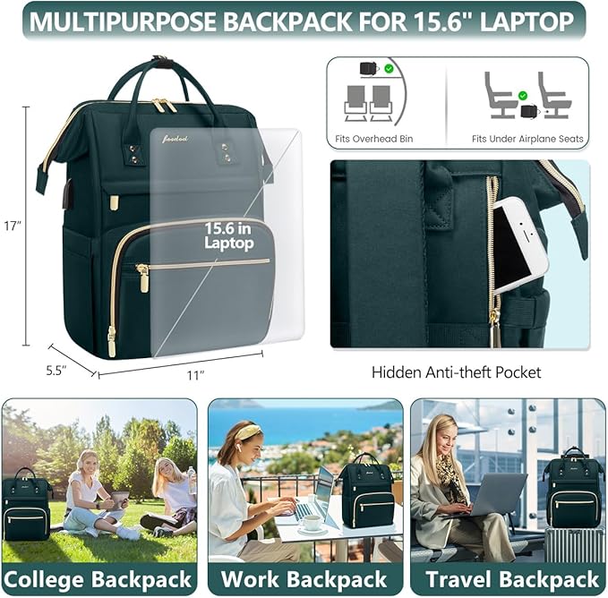 Laptop Backpack for Women Work Bags - 15.6 Inch Professional Womens Travel Backpack Purse Computer Laptop Bag Nurse Teacher Backpack Waterproof Carry on Back Pack with USB Port Dark Green