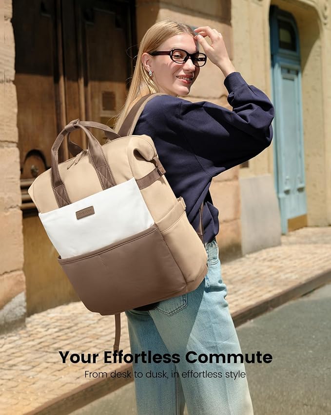LOVEVOOK Laptop Backpack for Women, 15.6 Inch Work Travel Backpack Purse for School College Bookbag for Teen Girls Cute Computer Backpack for Teacher Nurse Business, Coffee-Beige