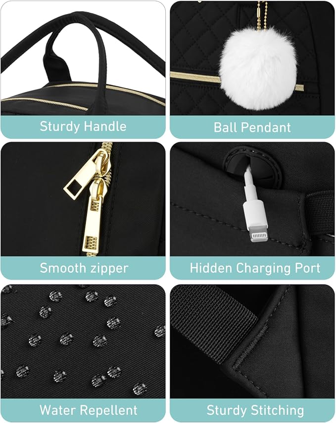 17.3in Laptop Backpack for Women Work Bag, Cute School Backpacks for Teen Girls High School College Bookbag with Charging Hole, Black