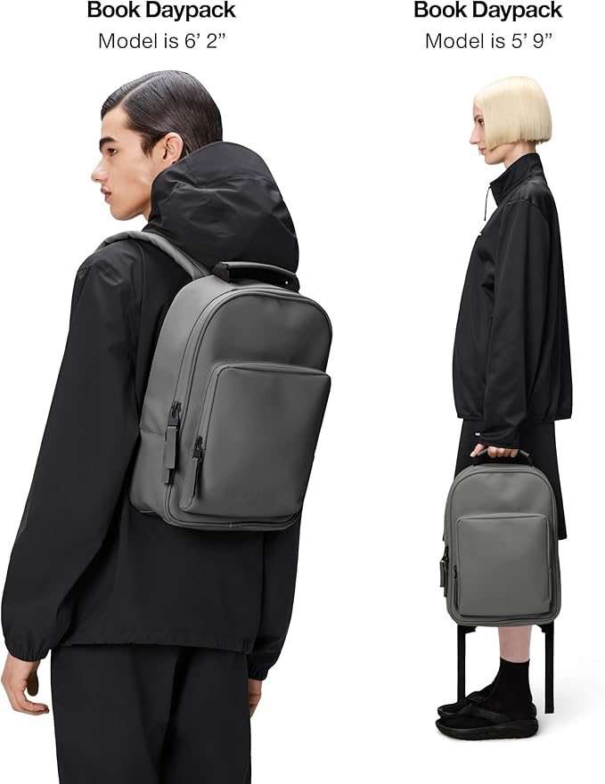 RAINS Book Daypack Regular Grey Laptop Backpack for Men and Women, Waterproof Black Minimalist Commuter Bag with 15”-16"