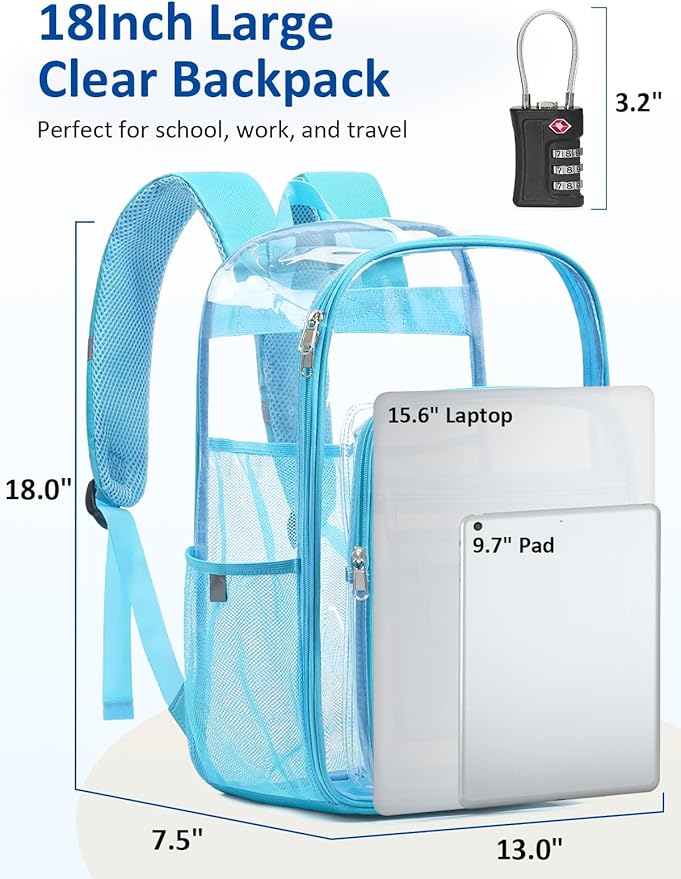 Extra Large Clear Backpack with TSA Lock, Heavy Duty Transparent See Through Clear Bookbag for College, Work, Travel, Casual Sport, Light Blue