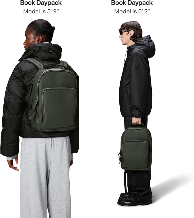RAINS Book Daypack Regular Green Laptop Backpack for Men and Women, Waterproof Black Minimalist Commuter Bag with 15”-16"