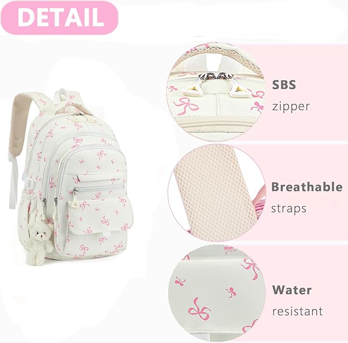 Girls Backpack for College High Middle School Student, Cute Aesthetic Bookbag for Teens Women with Accessories, Beige Bow