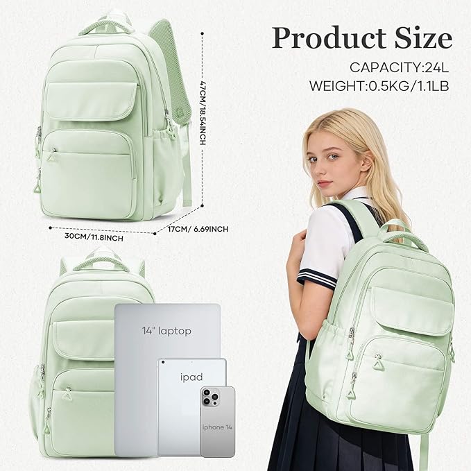 Cute School Backpack for Teens Girls Boys Waterproof School Bag Basic Backpack for College Students Multi Pocket Backpack Lightweight Casual Daypack Backpacks for Women Men（MintGreen）