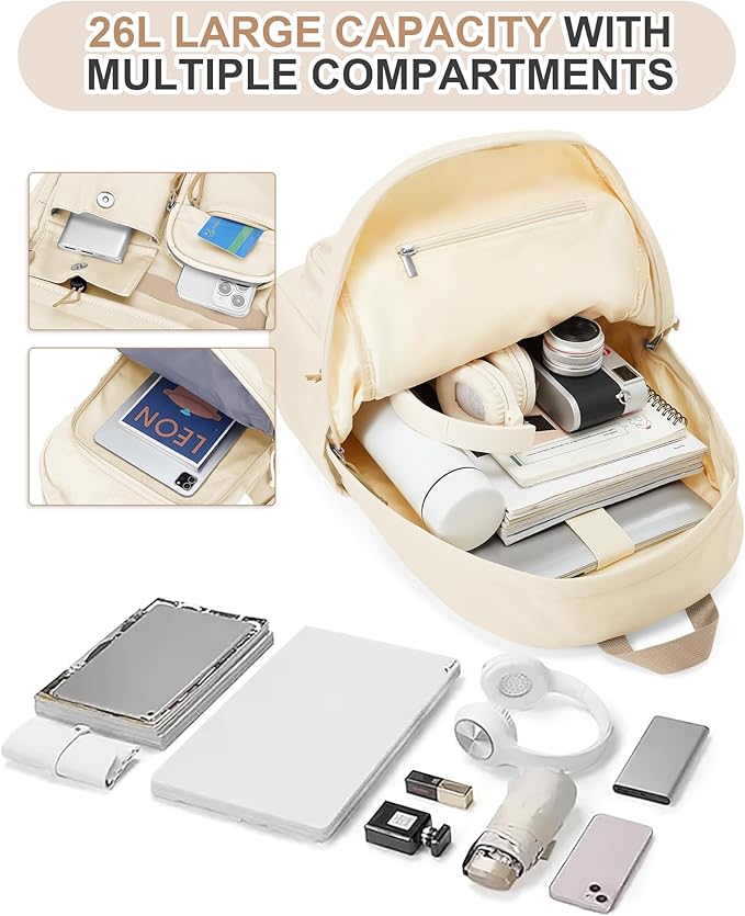 Aesthetic School Backpack for Women Men College Backpack With Lots Of Pockets Waterproof Travel Casual Daypack Cute Bookbag For Teens Girls Boys High School Bag(Beige)