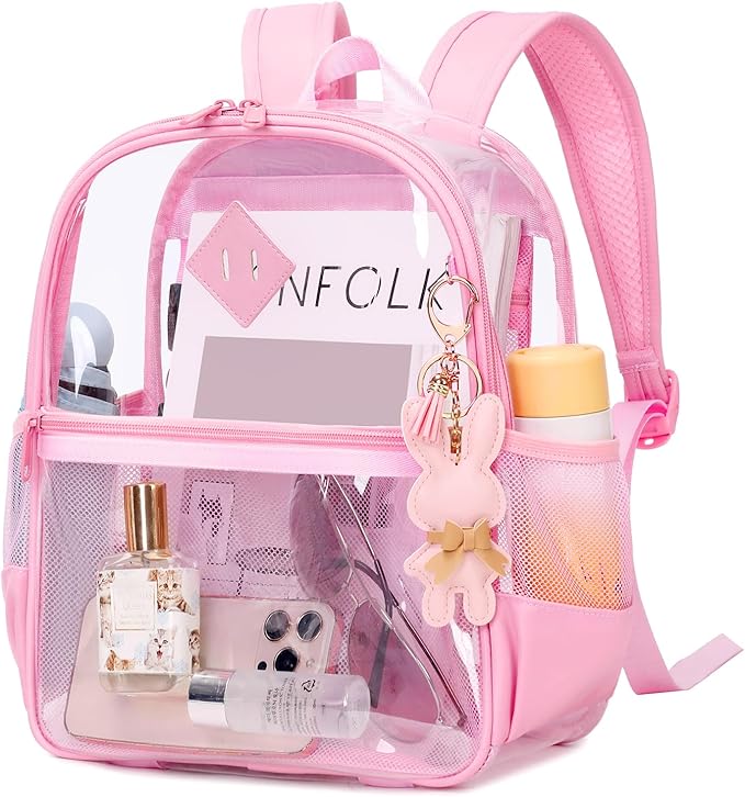 Clear Backpack for Stadium Events Approved 12×6×12, Thick TPU Mini Clear Bag with Front Pocket for Concert Sport Events Work Travel, Pure Pink