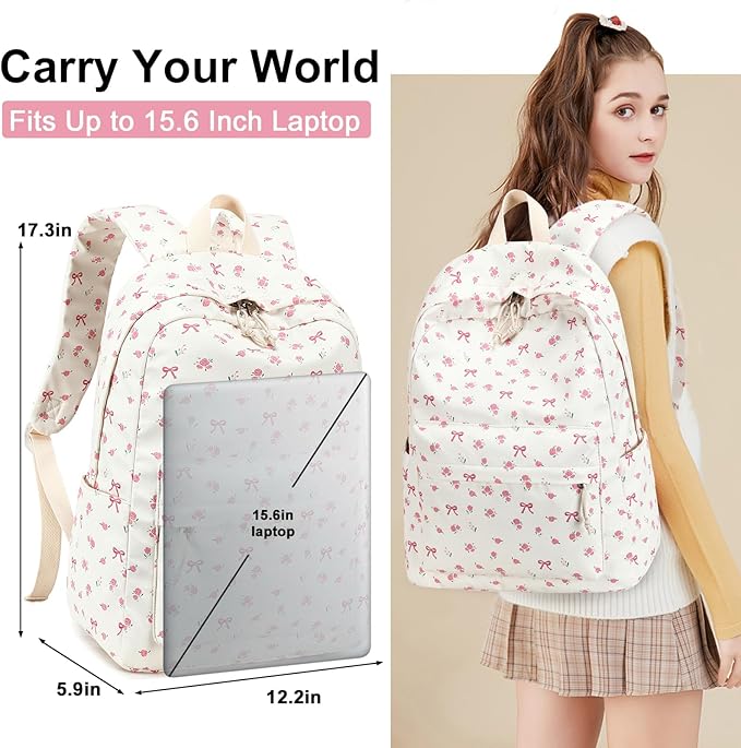 LOIDOU Backpack for Girls School Backpacks Bookbags for Elementary Middle School Women Laptop Backpacks (conquette white)