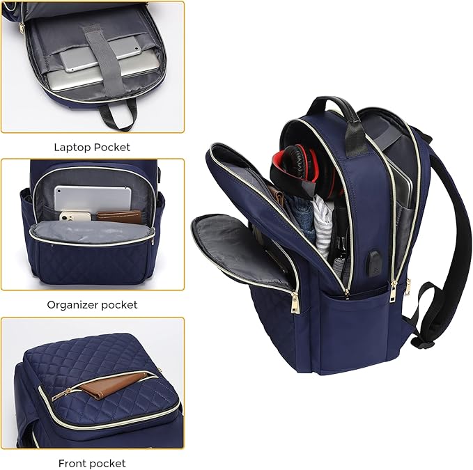 Modoker Eco-Friendly 15.6 Inch Laptop Backpack, Quilted Work Backpack for Women Bookbag Teacher Backpack with USB Charging Port, Travel Backpack Purse for Women Nurse, Blue