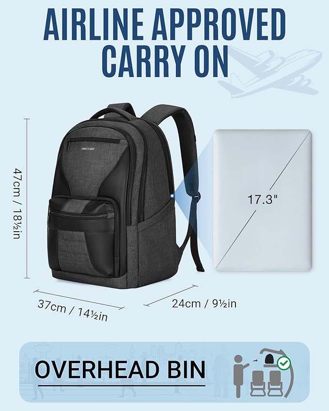 LIGHT FLIGHT Travel Backpack, Laptop Backpack for Men,17.3 Inch Computer Backpack Business Back Pack, Work Bag with USB Charging Hole, 40L Large Casual Daypack, Black grey