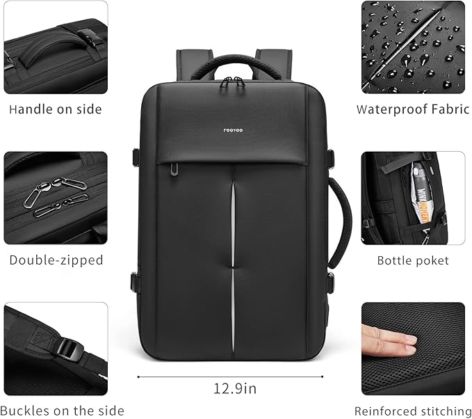 reeyee 45L Carry On Backpack for Men, TSA Flight Approved Travel Luggage Rucksack, Water-Resistant Business Weekender Bag, Fits 17.3 Inch Laptop, Black