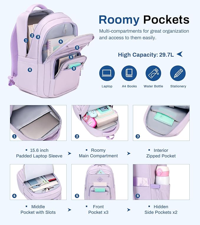 School Backpack for Girls, Lightweight Kids Bookbag Classic College Backpack for Teen Women with Luggage Strap, Age 8-18 Years Old, Purple