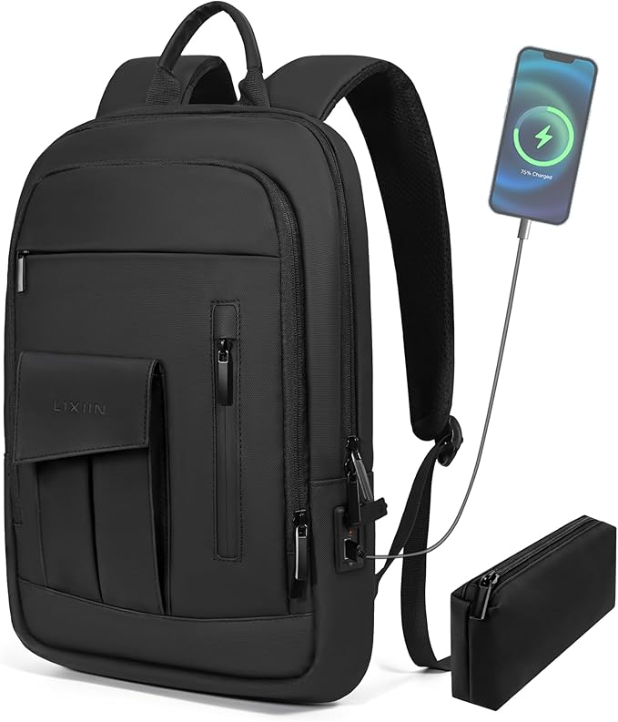 Business Backpack for Men Slim Lightweight Laptop Backpack Water Resistant Small Office Backpack for Commute Travel Daily Office Work with Small Bag (Black, 15.6")