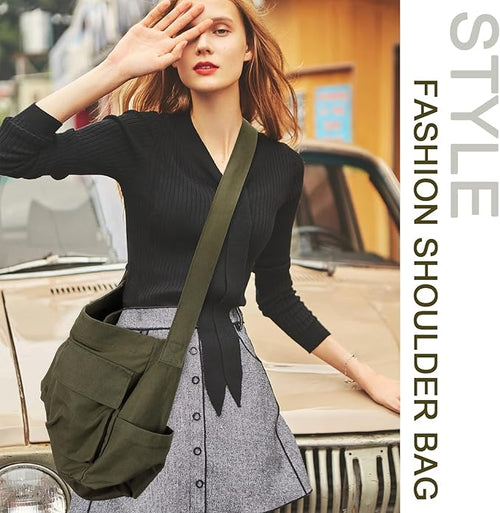 Canvas Messenger Bag Large Hobo Crossbody Bags with Multiple Pockets,School Vintage Shoulder Laptop Bag for Women and Men