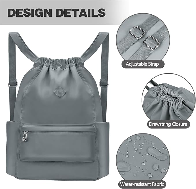 Drawstring Backpack with Wet Pocket Gym Backpack Water-Resistant Cinch String Bag Beach Swim for Women Men