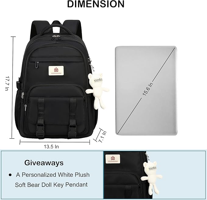 Hidds College Backpack Laptop Backpacks 15.6 Inch for Men Women Elementary Middle High School Book Bag For Teens Girls Boys Student Anti Theft Travel Daypack Large Bookbags-Black