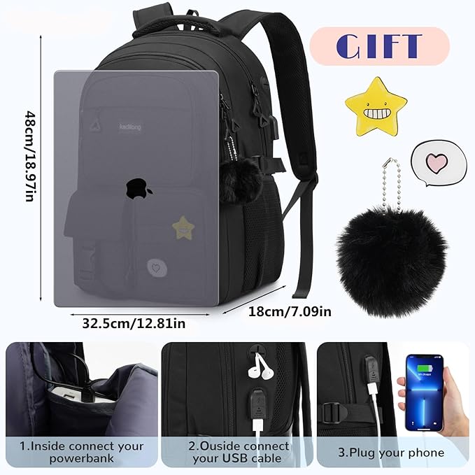 17.3 Inch Laptop Backpack for Women Teen Girls Bookbag for College Student Middle High School Mochila Escolares para Niñas Mujeres(Black)