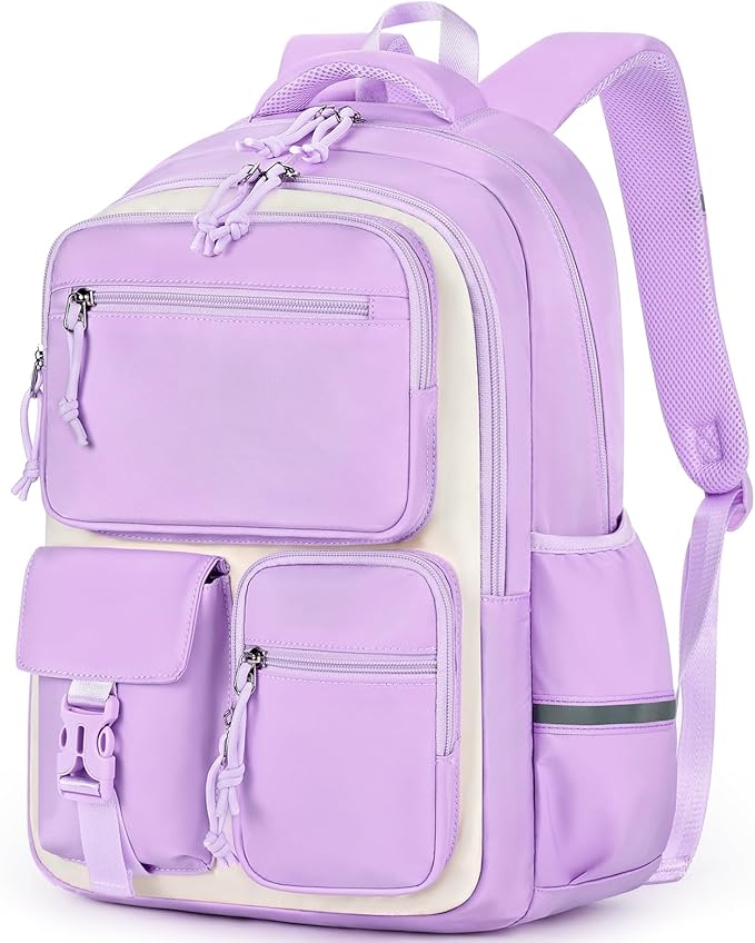 mibasies School Backpack for Teen Girls: 17.9 IN Backpack for Women with Laptop Compartment for Middle High Elementary School College Travel- Kids Bookbag Light Purple Beige