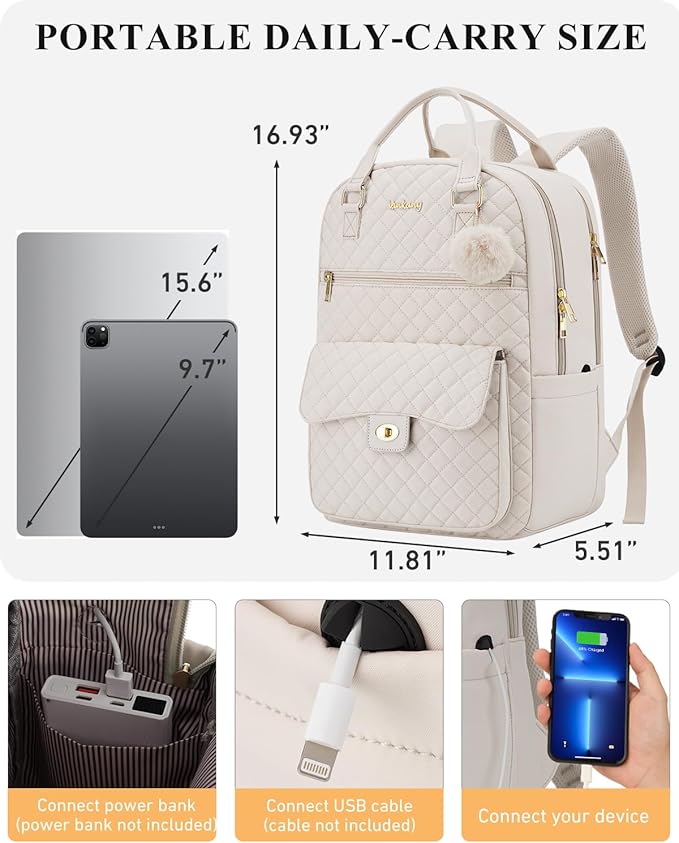 Teen Girls Backpack Aesthetic Bookbag for School, Women Laptop Bag with Charging Hole for Work Travel Middle High School Big Student, Beige